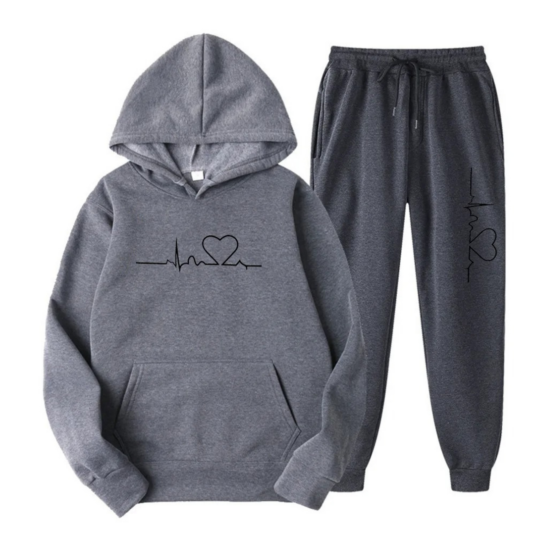 Women's Two Piece Jogger Set with Heartbeat Hoodie - Bess - Gray