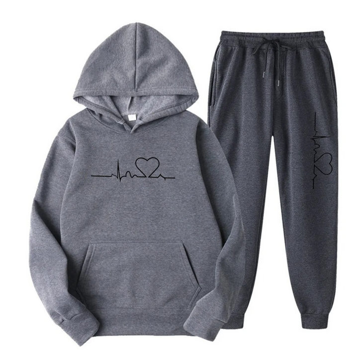 Women's Two Piece Jogger Set with Heartbeat Hoodie - Bess - Gray