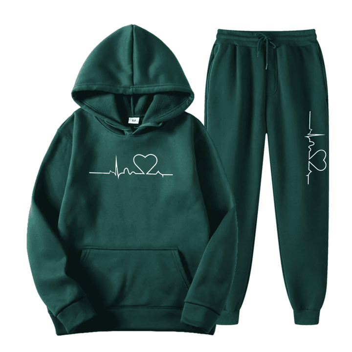 Women's Two Piece Jogger Set with Heartbeat Hoodie - Bess - Green