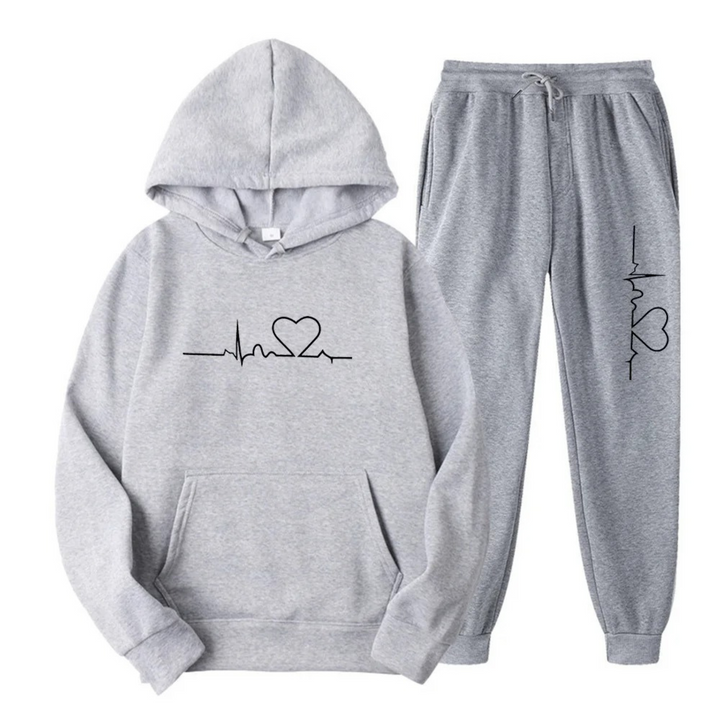 Women's Two Piece Jogger Set with Heartbeat Hoodie - Bess - Light Gray