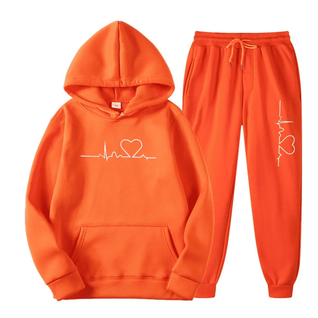 Women's Two Piece Jogger Set with Heartbeat Hoodie - Bess - Orange