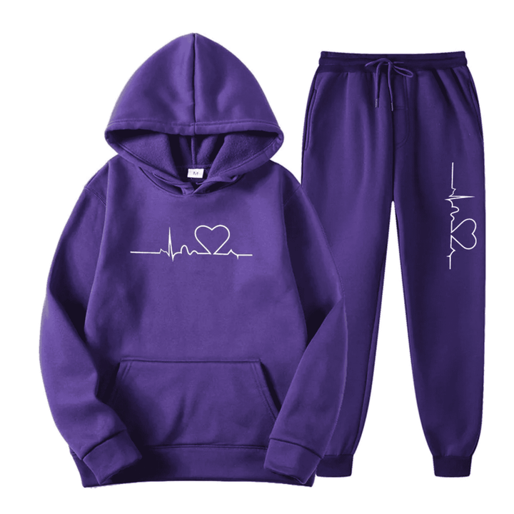 Women's Two Piece Jogger Set with Heartbeat Hoodie - Bess - Purple