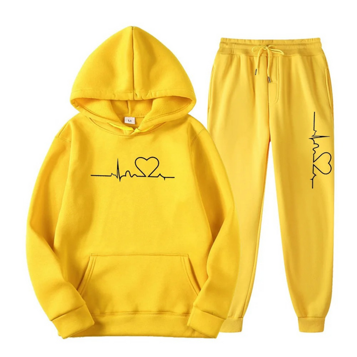 Women's Two Piece Jogger Set with Heartbeat Hoodie - Bess - Yellow