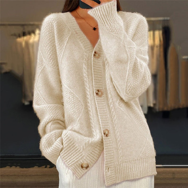 Women's V Neck Cable Cardigan with Button Front - Valerie - Cream