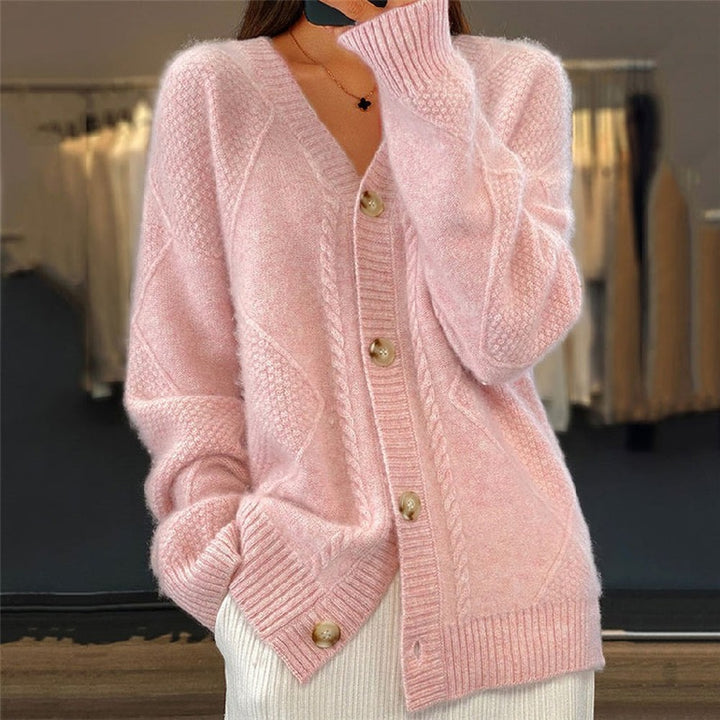 Women's V Neck Cable Cardigan with Button Front - Valerie - Pink