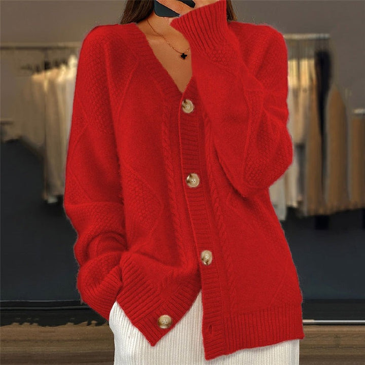 Women's V Neck Cable Cardigan with Button Front - Valerie - Red