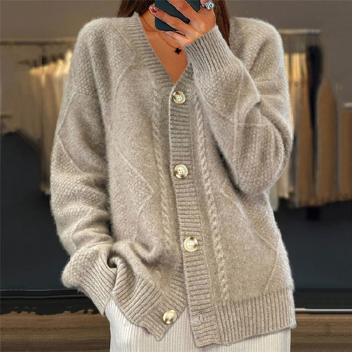 Women's V Neck Cable Cardigan with Button Front - Valerie - Taupe