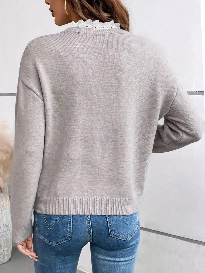 Women's V Neck Sweater with Ruffle Trim - Goldie - Gray