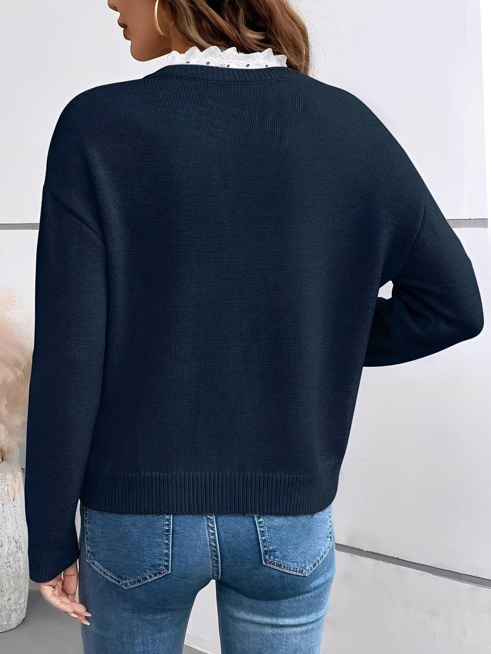 Women's V Neck Sweater with Ruffle Trim - Goldie - Navy