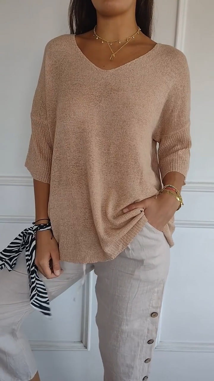 Women's V Neck Tunic Sweater with Half Sleeves - Honor - Apricot