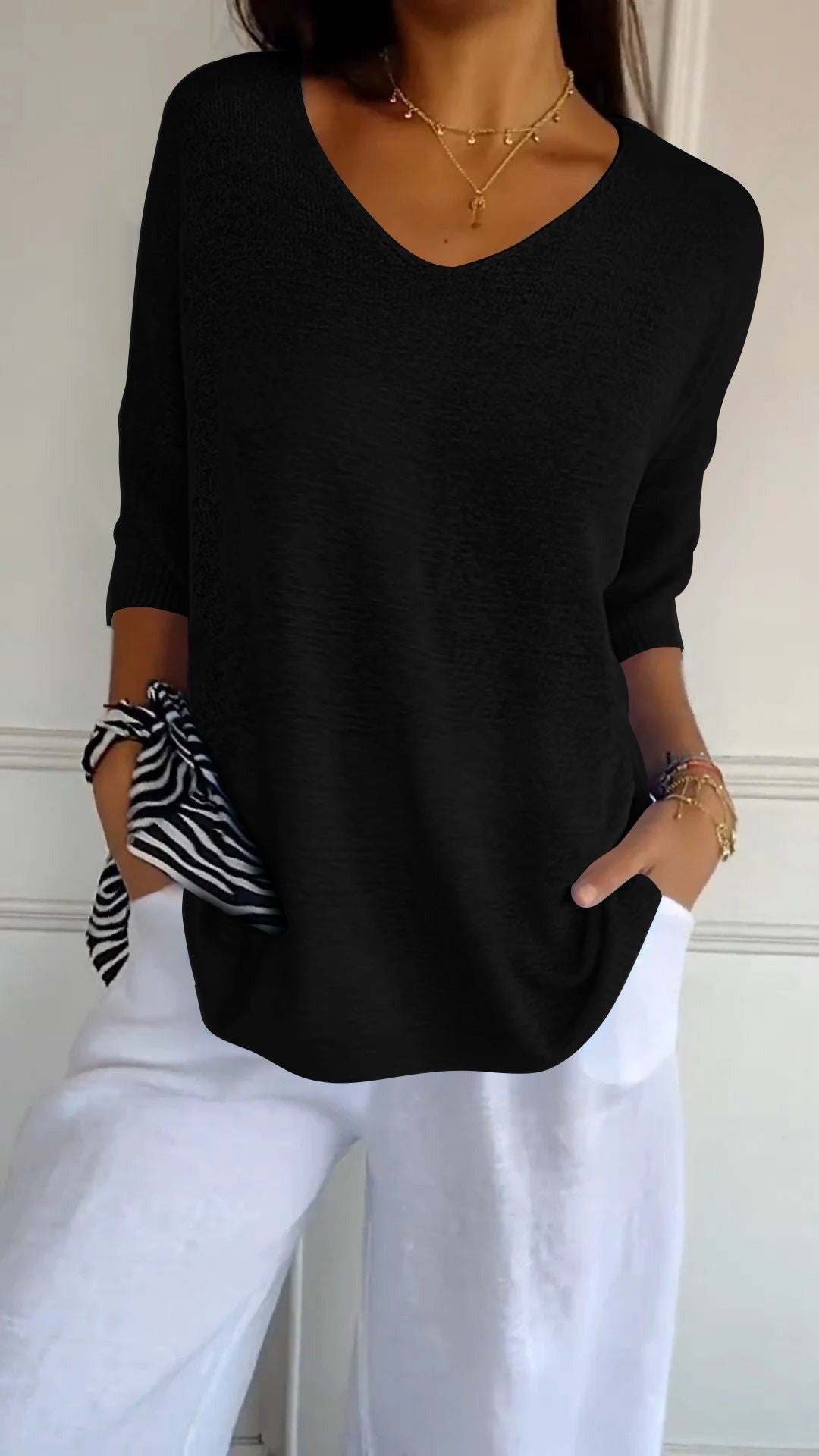 Women's V Neck Tunic Sweater with Half Sleeves - Honor - Black