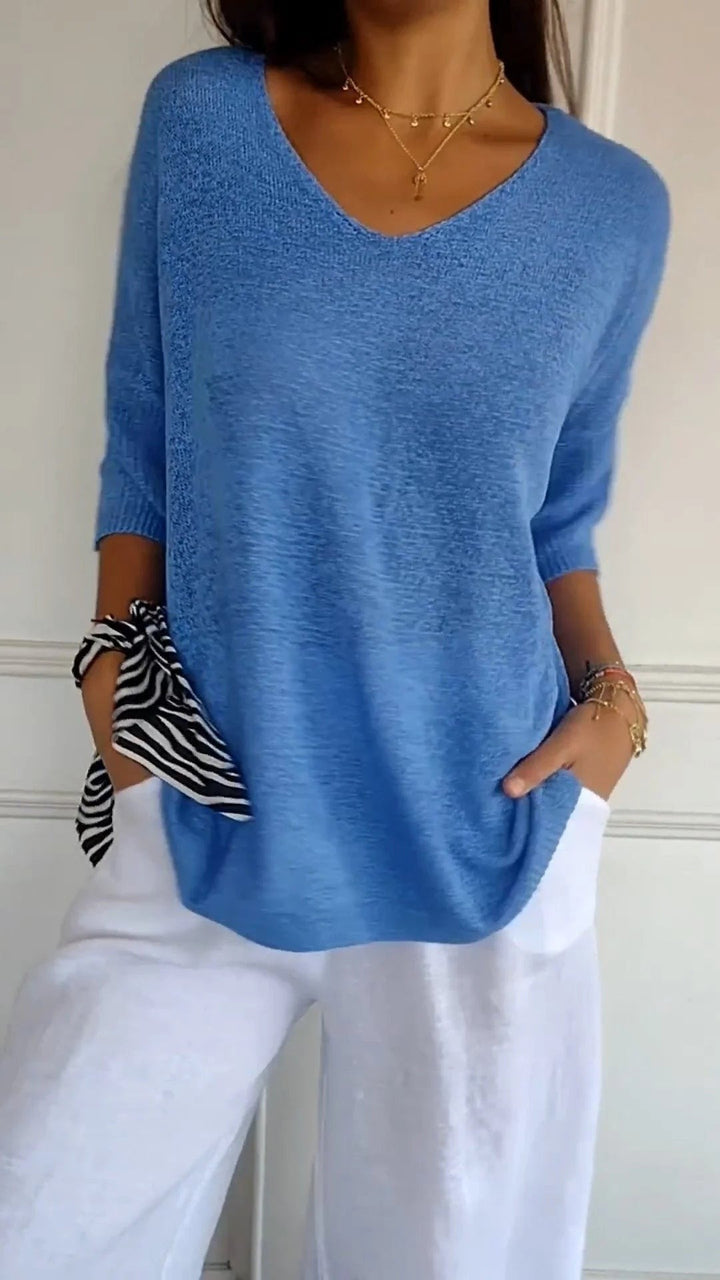Women's V Neck Tunic Sweater with Half Sleeves - Honor - Blue