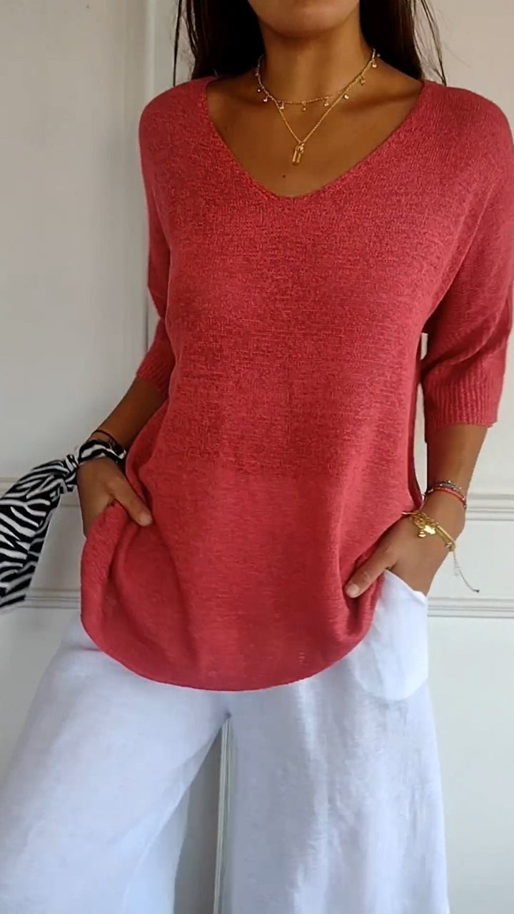 Women's V Neck Tunic Sweater with Half Sleeves - Honor - Coral Red