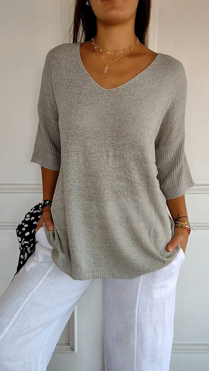 Women's V Neck Tunic Sweater with Half Sleeves - Honor - Gray