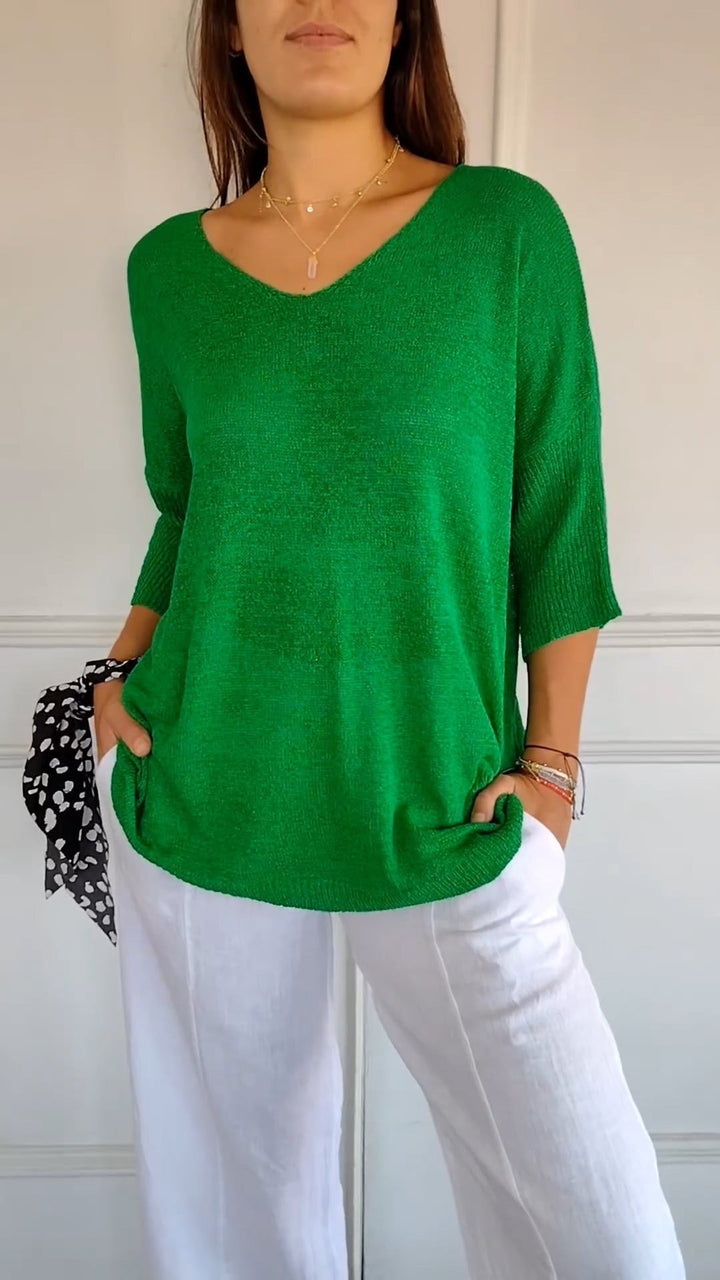 Women's V Neck Tunic Sweater with Half Sleeves - Honor - Green