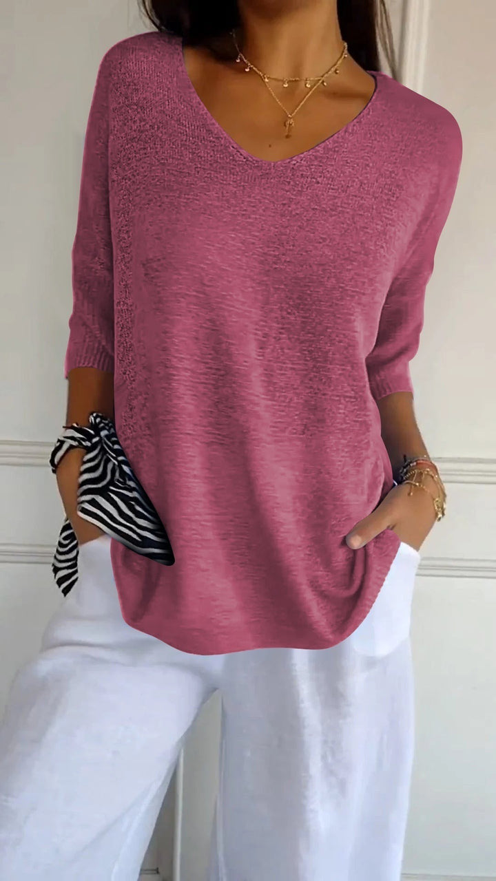Women's V Neck Tunic Sweater with Half Sleeves - Honor - Raspberry