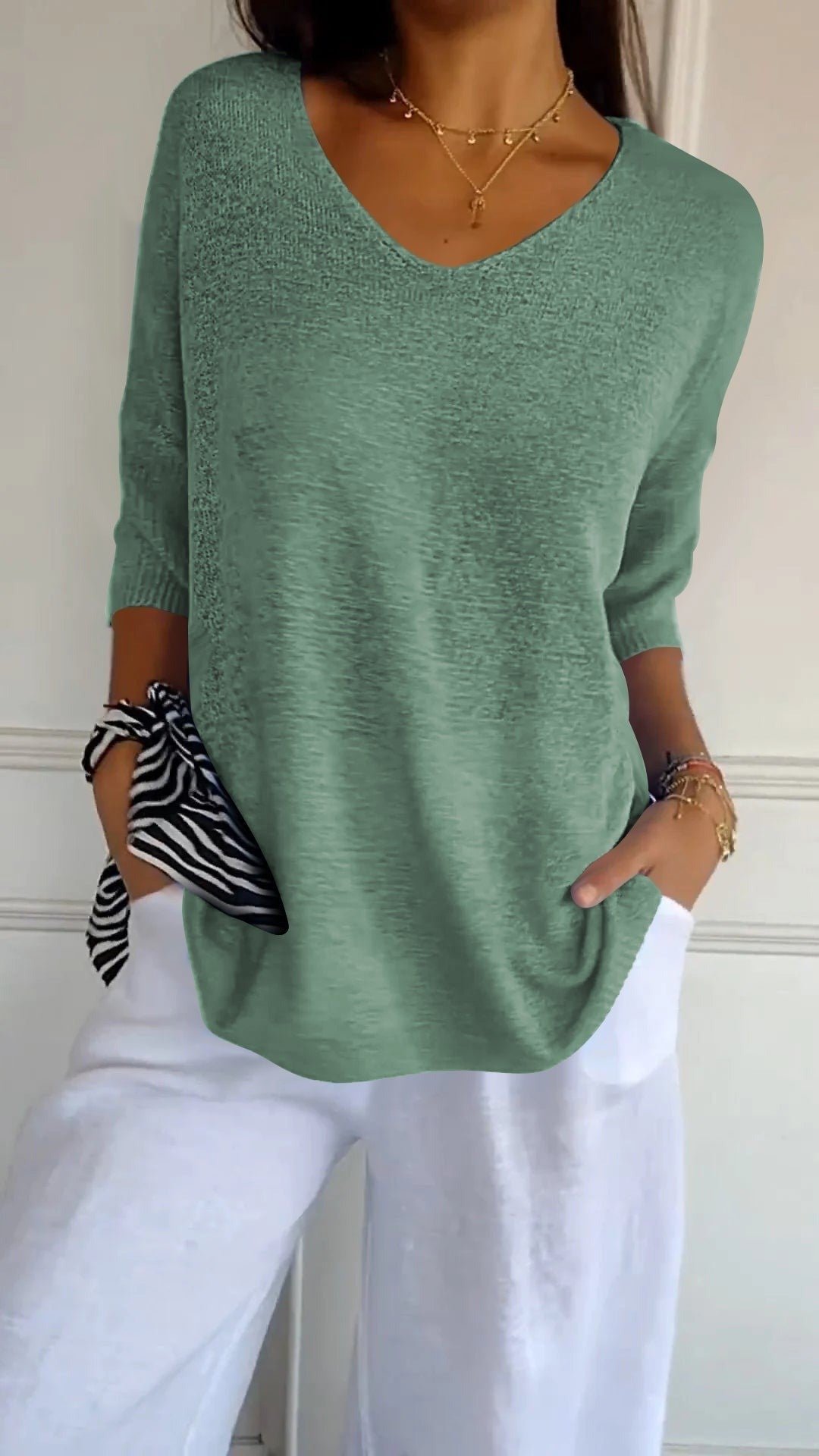 Women's V Neck Tunic Sweater with Half Sleeves - Honor - Sage