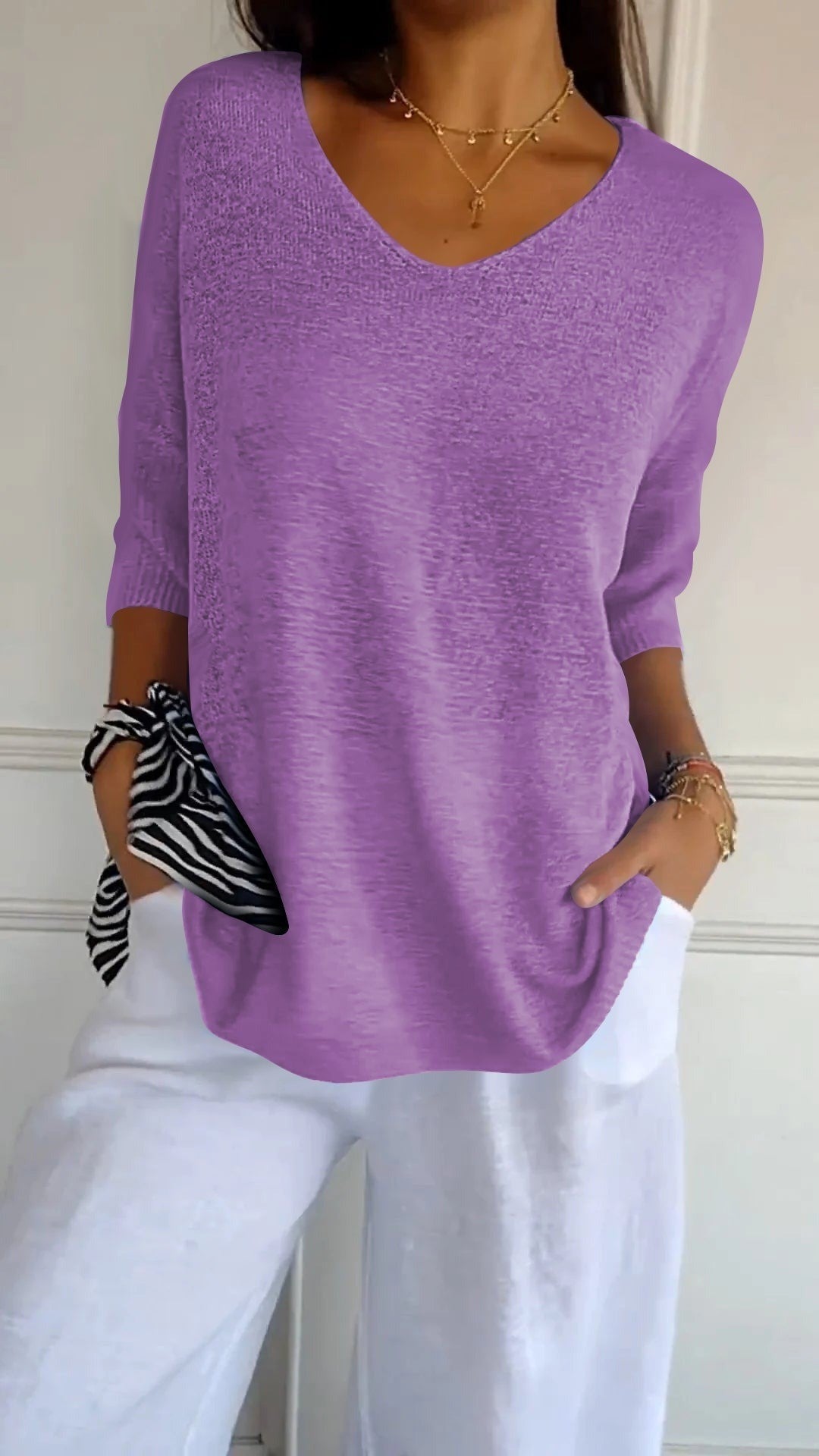 Women's V Neck Tunic Sweater with Half Sleeves - Honor - Violet