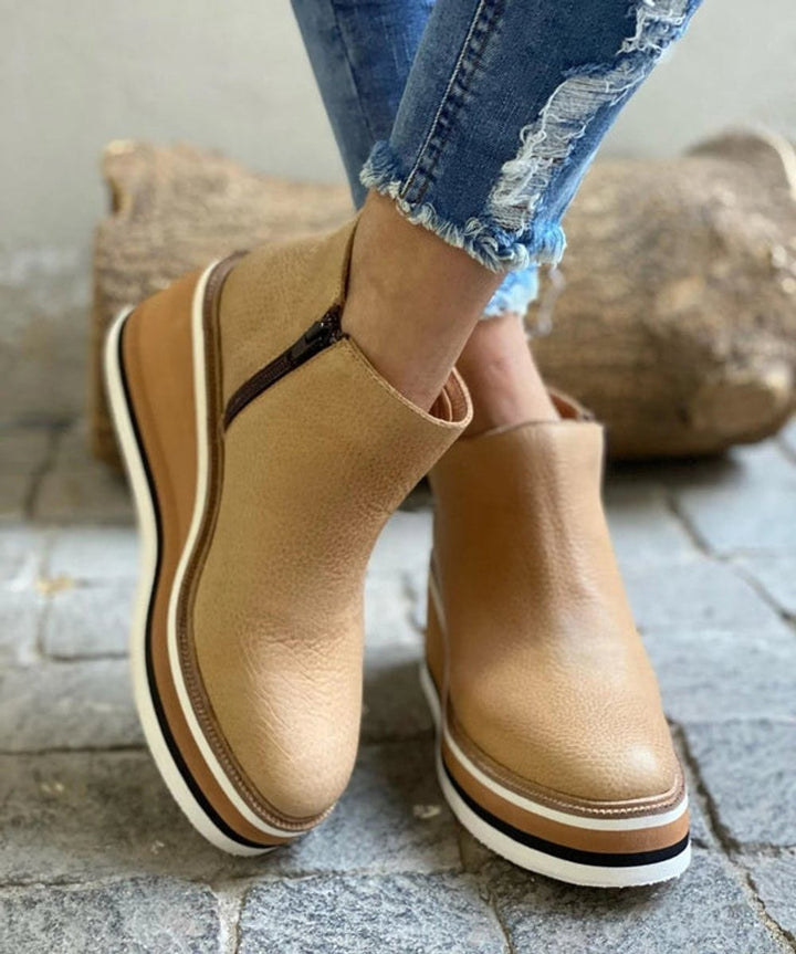 Women's Wedge Ankle Boots with Side Zip - Thea - Sand