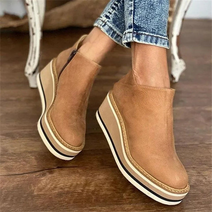 Women's Wedge Ankle Boots with Side Zip - Thea - Tan