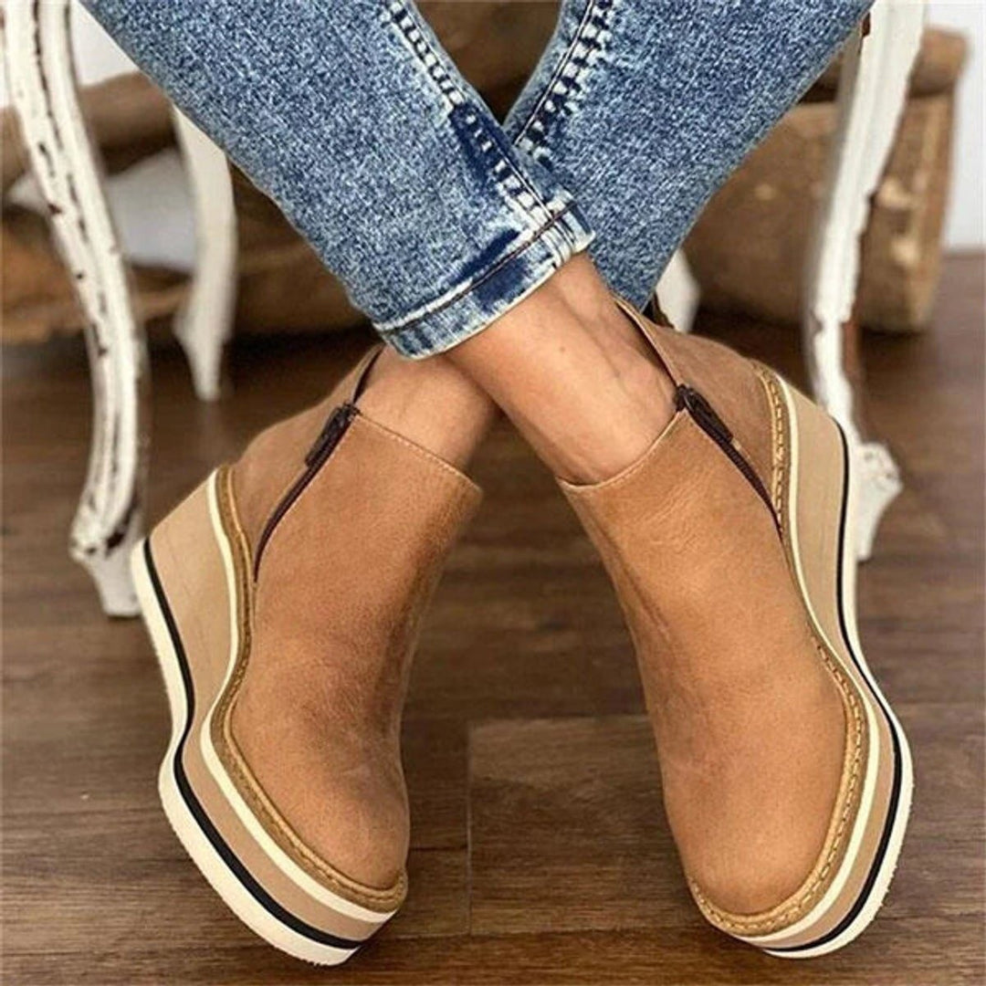 Women's Wedge Ankle Boots with Side Zip - Thea - Tan