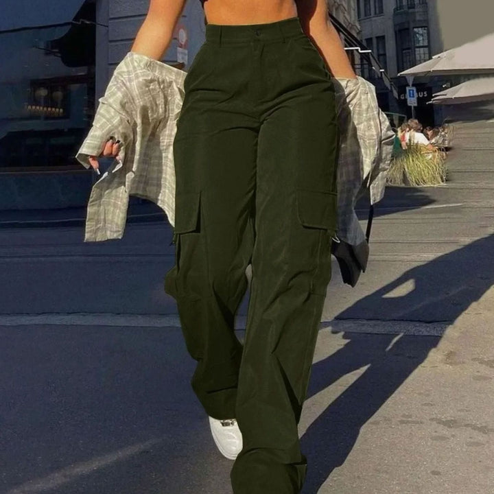 Women's Wide Leg Cargo Pants with Flap Pockets - Lorelei - Army Green