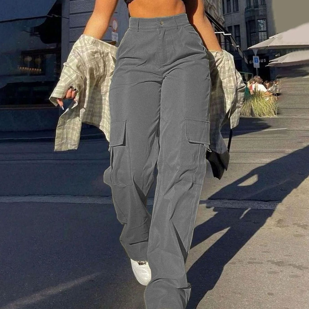Women's Wide Leg Cargo Pants with Flap Pockets - Lorelei - Gray