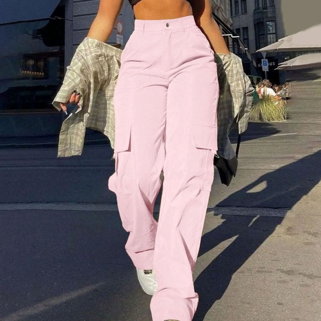 Women's Wide Leg Cargo Pants with Flap Pockets - Lorelei - Pink