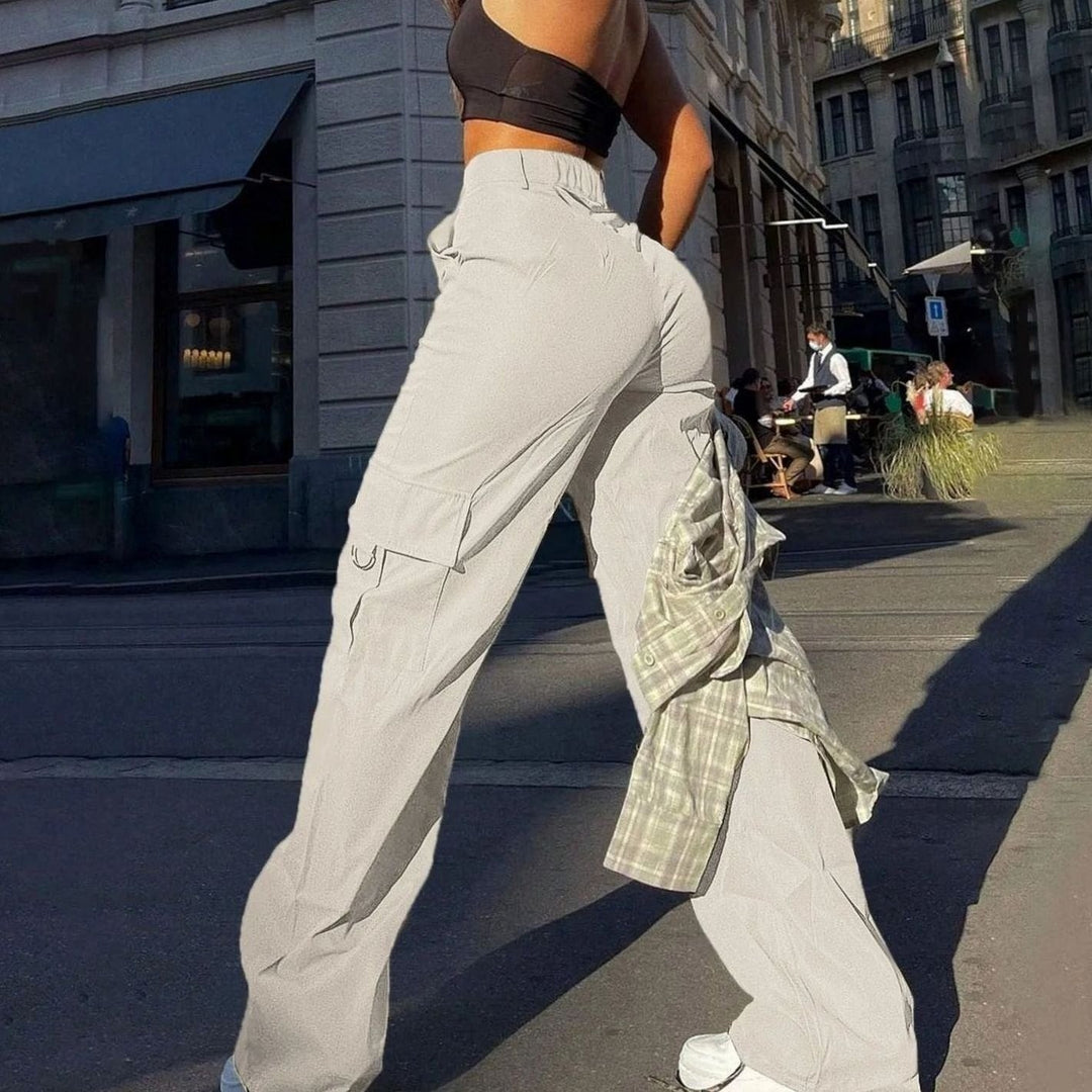 Women's Wide Leg Cargo Pants with Flap Pockets - Lorelei - Stone