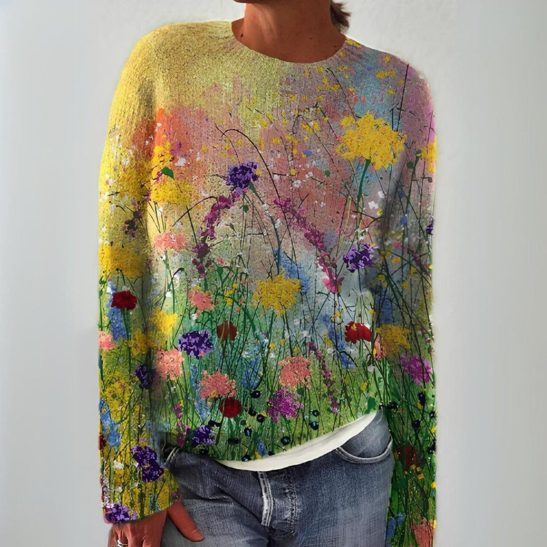 Women's Wildflower Print Sweater with Crew Neck - Astrid - Meadow Multi